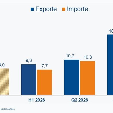 Die Änderungen der Exporte und Importe in Prozent im Vergleich zum Vorjahr: Im Juni legen sowohl Exporte als auch Importe im Vergleich zu 2025 kräftig zu. (Datenquellen sind Destatis sowie ZVEI-eigene Bereichnungen). (Bild: ZVEI)