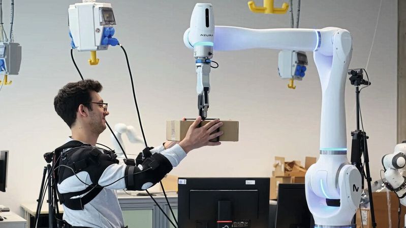 Forscher Federico Masiero nimmt ein Päckchen entgegen, dessen Gewicht der Roboter vorher bereits an das Exoskelett übermittelt hat.(Bild:  Andreas Schmitz / TUM)