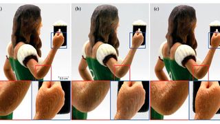 Treppenstufenartefakte – wie in Bild (a) sichtbar – stören nicht nur optisch, sondern können auch für den Druck nachteilig sein. Bestehende Techniken zur Minimierung von Quantisierungsfehlern vermeiden diese nur teilweise (b). Die neue Shape Dithering Methode (c) hingegen entfernt Treppenstufenartefakte vollständig.  (Bild: Fraunhofer IGD)