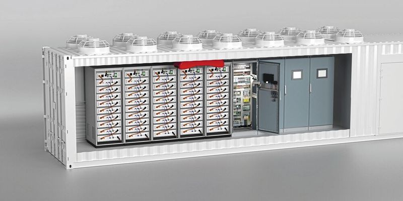 Typischer Aufbau eines Batterie-Großspeichers. Einzelne Batteriemodule werden zu größeren Einheiten verschaltet und in wetterfesten Containern angeordnet. (Bild: Phoenix Contact)