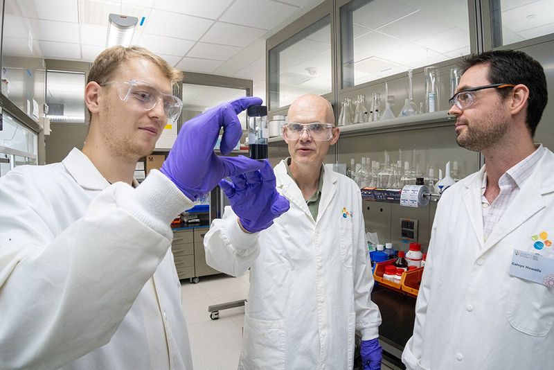 (l-r) Jan Kosco, Iain McCulloch and Calvyn Howells discuss the potential of their hydrogen evolution photocatalyst.  (Kaust)