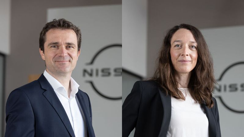 Vincent Ricoux, Geschäftsführer von Nissan Center Europe, und Susanne Ziegler, Direktorin Vertrieb.(Bild:  Nissan)
