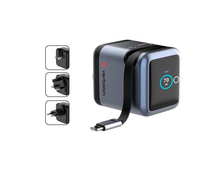 Neu im Portfolio ist auch ein kompaktes 70-Watt-Modell mit Display und integriertem, einziehbarem USB-C-Kabel.  (Bild: Verbatim)