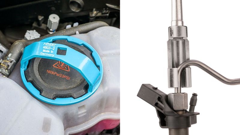 Die neuen Spezialwerkzeuge von Hazet: Lösewerkzeug für Kühlmittel-Deckel  und Einspritzleitungsschlüssel-Satz.(Bild:  Hazet)