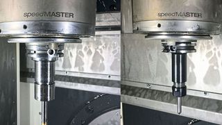 Die Speedmaster-BDV40-Spindel mit Planauflage durch die Big-Plus-Werkzeugaufnahme (links) verglichen mit einer Standard-SK40-Werkzeugaufname (rechts). Nutzt man laut Big Kaiser das Big-Plus-Doppekontaktspindelsystem kann man beim Fräsen viel schlummerndes Leistungspotenzial aus bereits bestehenden Fertigungssystemen wecken. So geschehen, beim Sportwaffenhersteller Hera im Spessart. (Big Kaiser)