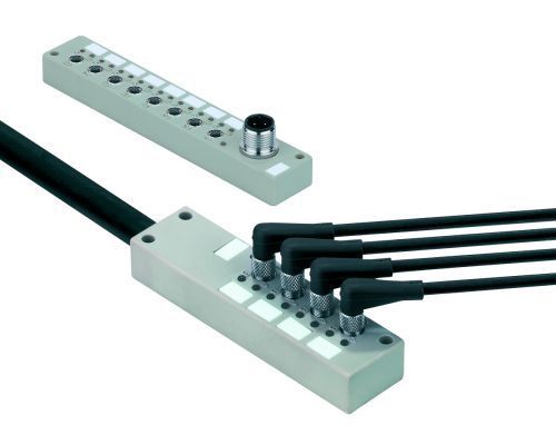 Bild 1: Die SAI M5-Verteiler sind derzeit die kleinsten Verteiler der Welt. Oben im Bild die M5-Line mit M8- oder M12-Abgang, unten die sehr kompakte Fixkabelversion. (Weidmüller)