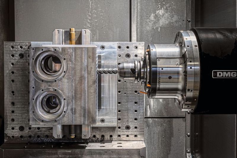 Pièce en cours d'usinage sur un centre horizontal 4 axes Mori-Seiki NHX4000 3G.   (Source : Rostan Suisse SA)