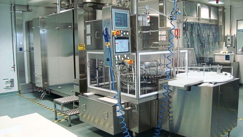 Neue rotierende Reinigungsmaschine von Steriline, die innerhalb der Linie für das aseptische Abfüllen von Vials mit dem Entpyrogenisierungstunnel verbunden ist. (Steriline)