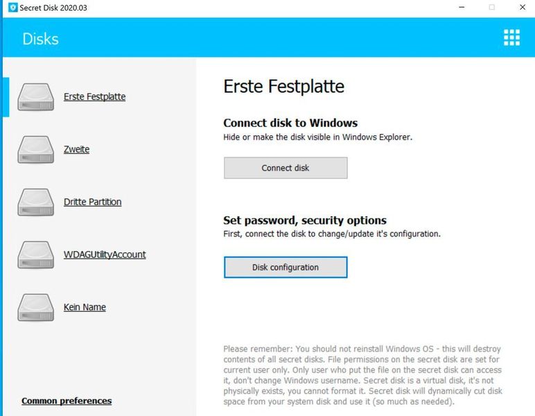 In der grafischen Oberfläche werden die Laufwerke zur Anbindung gesteuert und die PIN konfiguriert. (Joos/Secret Disk (Screenshot))