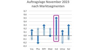 Auftragslage nach Branchen – besonders der Bereich Industrieanalytik (mit Kasten markiert) hat sich im Vergleich zum Vorjahr verbessert. Skala von -2 (sehr schlecht) bis +2 (sehr gut). (Bild: VCG (Daten: VUP))