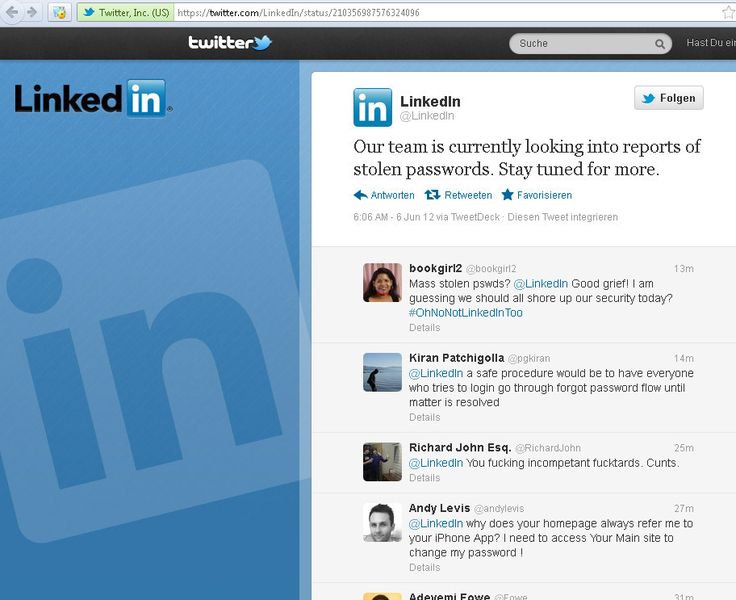 LinkedIn verweist per Twitter darauf, dass sie Meldungen über gestohlene Passwörter nachgehen. (Archiv: Vogel Business Media)