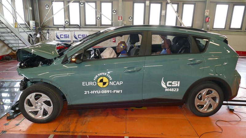 Beim kleinen Bayon konnte Hyundai lediglich vier Sterne einfahren, ein fehlender Mittelairbag kostete den Punkt. (Bild: Euro NCAP)