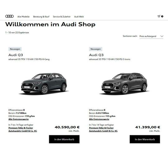 Seit Kurzem können Audi-Kunden in Deutschland Händler-Lagerwagen online kaufen.(Bild:  Screenshot Audi.de/shop)