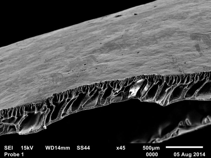 Bestrahltes Composite aus Graphen und einem Polymerfilm im Elektronenmikroskop (Bild: Universität Duisburg-Essen)