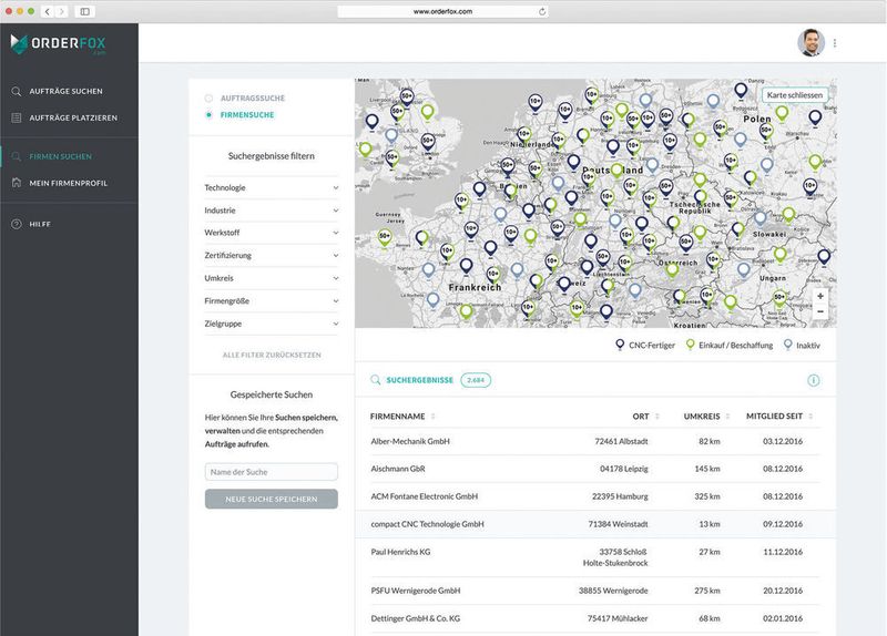 Bild 5: Firmensuche mit Karten- und Listendarstellung: Bequeme Suche mit präzisen Treffern durch viele Filterfunktionen. (Orderfox)