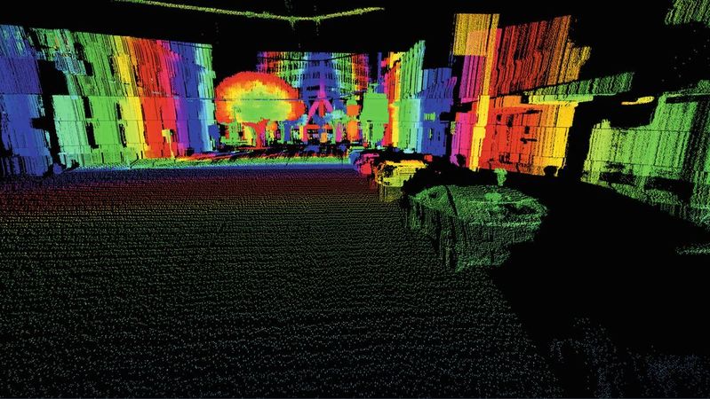 LiDAR-Sensortechnologie kommt zum Beispiel in autonom fahrenden Fahrzeugen zum Einsatz, um die Umgebung zu erkennen. Das Bild zeigt eine kombinierte LiDAR-Punktwolke mit HD-Auflösung und Reichweite.(Bild:  Continental)