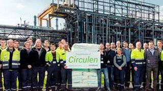 Lyondell Basell's team in Wesseling presents the first batch of of bio-polymer made from renewable materials. (Lyondell Basell)