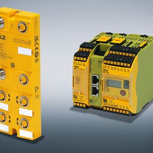 Die sichere konfigurierbare Kleinsteuerung PNOZmulti 2 von Pilz bietet nun zwei neue Ein- und Ausgangsmodule PDP67. Diese werden direkt an der Maschine installiert und werten die Signale angeschlossener Sensoren und Aktoren im Feld aus.(Bild:  Pilz GmbH & Co. KG)