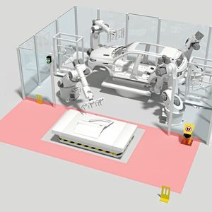 Auch radiale Einfahrten der FTS sind möglich. Dann werden die beiden Sicherheits-Laserscanner RSL 400 linear links und rechts vor der Roboterzelle installiert.(Bild:  Leuze electronic GmbH + Co. KG)