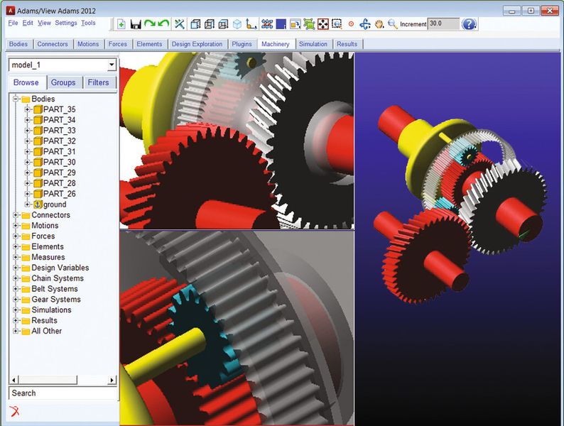 Gear-Modul: Modelliert und wertet das Verhalten von Getriebepaaren für eine Vielzahl von Getriebearten aus wie etwa Stirnrad-, Schraubenrad- und Kegelradgetriebe. (Bild: MSC Software)