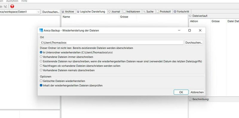 Areca Backup ist auch bei der Wiederherstellung von Daten sehr flexibel. (Bild: Joos (Screenshot))