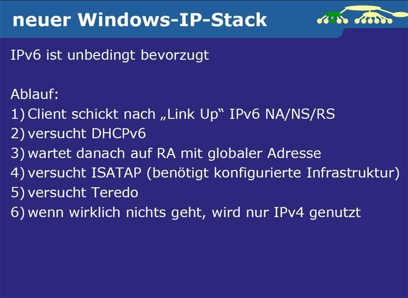 In Windows Vista und Windows / ist IPv6 voreingestellt. In mehreren Schritten versucht das Betriebssystem, per IPv6 die Pakete auf den Weg zu bringen. Die Abkürzung „NA“ steht für „Neighbour Advertisment“, „NS“ für „Neighbour Solicitation“, „RS“ für „Router Solicitation“ und ISATAP für „Intra-Site Automatic Tunnel Addressing Protocol“. (Archiv: Vogel Business Media)