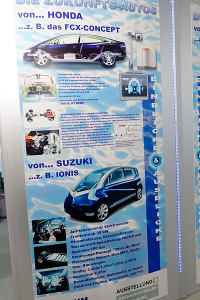 Es gibt verschiedene Systeme der Hybridtechnologie in Fahrzeugen. Die auch als Brückentechnologie bezeichneten Möglichkeiten, ein Automobil umweltfreundlicher zu gestalten, werden anhand ausführlicher Großdisplays und einer haptischen Lernstation ausführlich erklärt und begreifbar gemacht. (Bild: Dominsky – VCG)