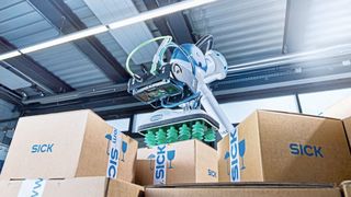 Flexible automation of depalletizing with a 3D color camera and deep learning: The Palloc robot guidance system has no difficulty locating boxes of different sizes and shapes. (Image:Sick)