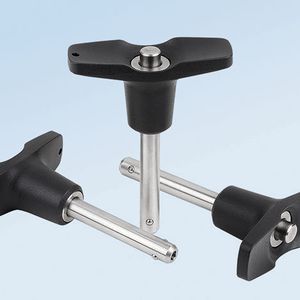 Ab Werk biete Kipp die neuen Kugelsperrbolzen mit T-, L- und Pilzgriffen aus robustem, schwarzem Kunststoff an.