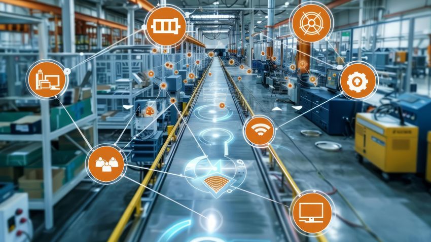 Großflächige oder stark wachsende IoT-Szenarien in der Fabrikautomatisierung sind mit konventioneller Verkabelung oft nur mit erheblichem Infrastrukturaufwand umsetzbar. Funktechnologien können ergänzend und sinnvoll eingesetzt großen Mehrwert bieten. (Bild: © JK_kyoto – stock.adobe.com / KI-generiert)