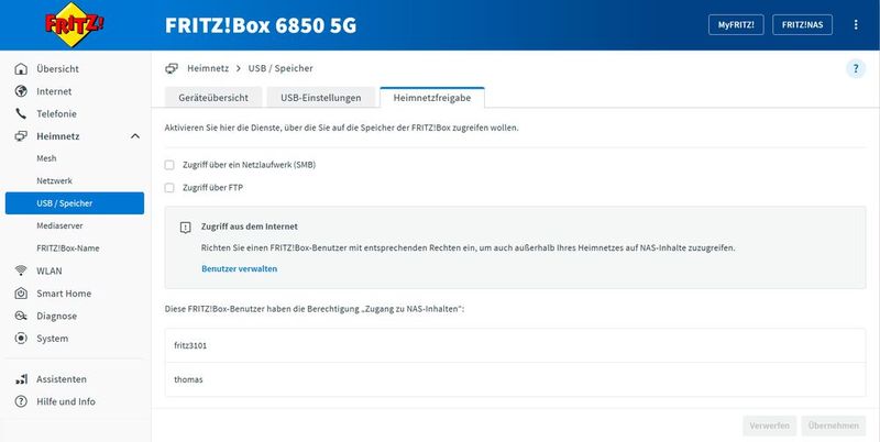 Die Heimnetzfreigabe zeigt die Aktivierung von SMB und optionalem FTP sowie die Benutzerverwaltung für den kontrollierten Zugriff auf NAS-Inhalte. (Bild: Joos – FRITZ!)