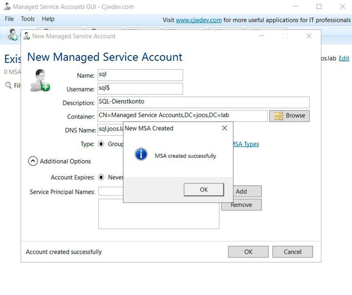Managed Service Accounts GUI hilft beim Erstellen von neuen, gruppierten Dienstkonten. (Bild: Joos / CJWDEV)