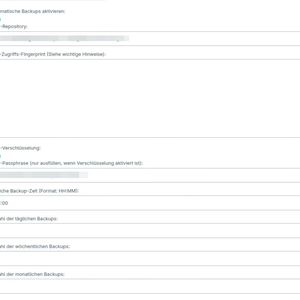 In der ausgefüllten Backup-Konfiguration steht der Fingerprint auf „#“, die Borg-Verschlüsselung ist aktiv, und die Aufbewahrung greift mit sieben Tages-, sechs Wochen- und zwölf Monatsständen bei einem nächtlichen Scan um 2:00 Uhr.(Bild:  Joos – Libre Workspace)