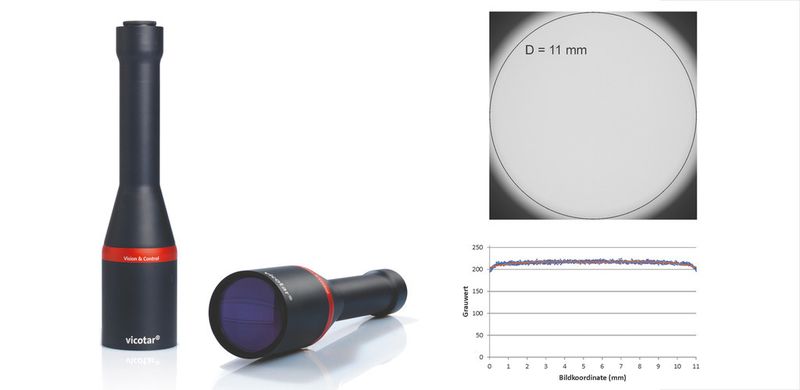 Das vicotar T150/0.26-B/S/10.1 (links) und bildseitiger Helligkeitsverlauf (rechts oben). Die Helligkeit fällt für einen Bildkreisdurchmesser von 10 mm um weniger als 2,3% ab. (Bild: Vision & Control)