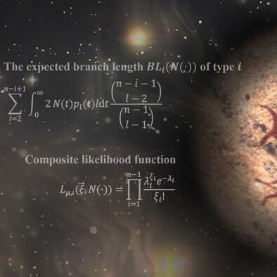 The core formula of our new inference method is shown. The image depicts a cliff painting, illustrating the population of human ancestor pull together to survive the unknown danger in the darkness during the ancient severe bottleneck. The core formula of our new inference method is shown. The image depicts a cliff painting, illustrating the population of human ancestor pull together to survive the unknown danger in the darkness during the ancient severe bottleneck.