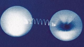 Künstlerische Darstellung einer Verbindung von einem Top-Quark und seinem Antiteilchen. (Bild: Julia Münstermann („Toponium, 2025, Cyanotypie“))