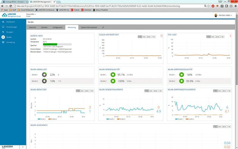 Das Management und das Monitoring der Geräte in der Lancom Management Cloud erfolgen über eine Web-Oberfläche. So kann beispielsweise die Sende- und Empfangsleistung eines WLAN zentral überwacht werden.  (Lancom)