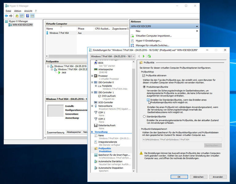 Neu im Hyper-V unter Windows Server 2016 TP 5: Die Produktionsprüfpunkte nutzen die Backup-Techniken innerhalb des Gastsystems, wie beispielsweise die VSS (Volume SnapShot Services) und nicht wie üblicherweise „saved state“. Neue virtuelle Maschinen nutzen standardmäßig die Produktionsprüfpunkte. (Bild: Schlede/Bär)