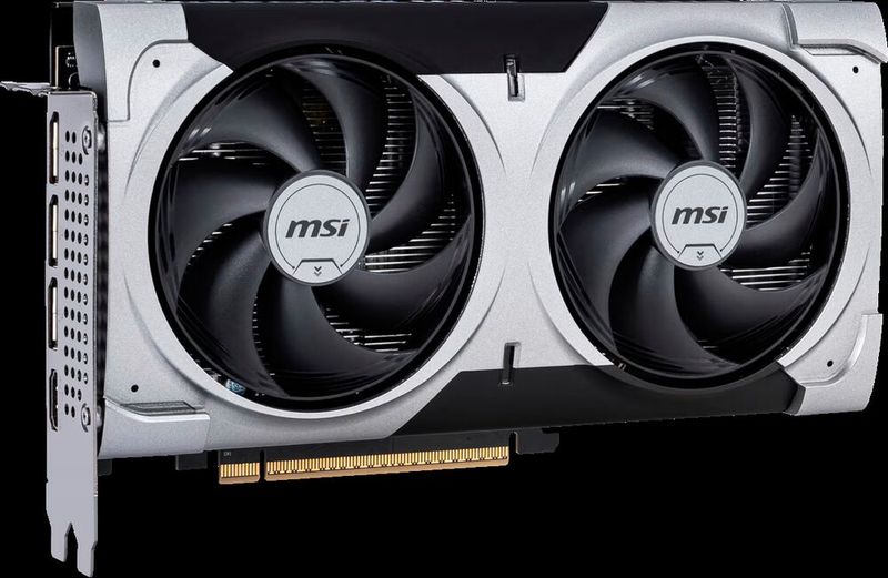 Die Ventus gibt es auch als besonders kompaktes Modell mit zwei Lüftern. Die Backplate besteht auch bei der Ventus aus Metall. Die Stromversorgung erfolgt hier über einen 8-Pin-Konnektor. (Bild: MSI)