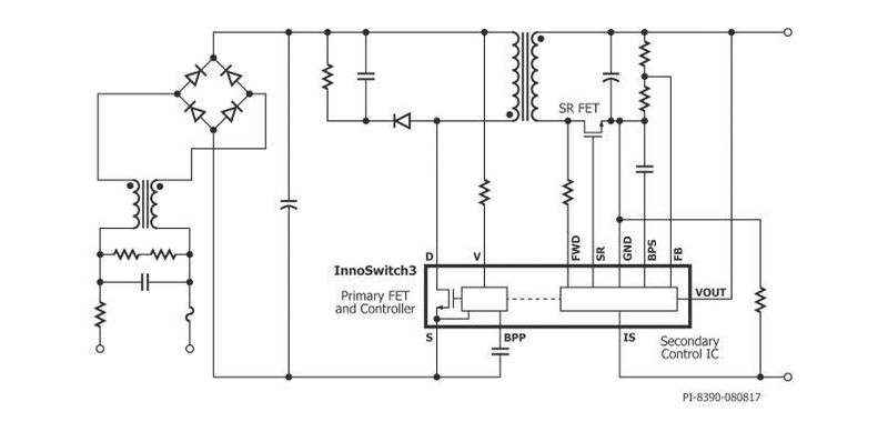 Bild 2: Vereinfachtes Schaltbild einer Stromversorgung auf der Basis eines Sperrwandler-ICs der Familie InnoSwitch3. (Power Integrations)