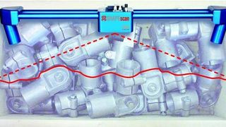VISION 2012: Mit Hilfe des 3D SHAPEscan Sensors von ISRA VISION kann ein Roboter auch in die Tiefe sehen und so unsortierte Teile aus der Kiste holen, um sie dem Fertigungsprozess zu übergeben. Das erhöhe laut Hersteller die Flexibilität und spare Platz und Kosten. (Messe Stuttgart)