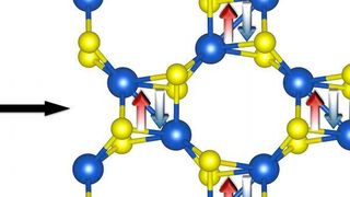 Links im Bild: ferromagnetisches NbS2 in der natürlich vorkommenden Honigwaben-(H)-Struktur. Die magnetischen Momente der am Niob lokalisierten Elektronen sind durch Pfeile dargestellt.
Rechts im Bild: in der Haeckelit-(S)-Struktur ist die lokale Geometrie der Niobatome sehr ähnlich wie in der Honigwabenstruktur. Trotzdem ist das Material diamagnetisch, wie durch die antiparallelen Spins (Pfeile) dargestellt. (Dr. Agnieszka Beata Kuc)
