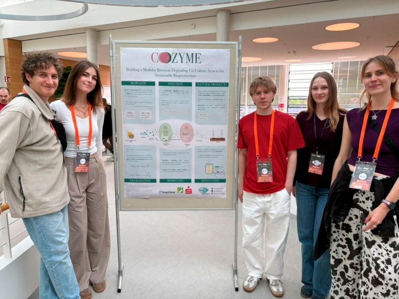 Benedikt Stupp, Nina Wewers, Ole Nielsen, Aniela Jakimowicz und Lina Bollmann vor dem Poster zu Cozyme beim Treffen der deutschen iGEM-Teams in Hamburg. (Bild: Florian Hänsel / HHU)