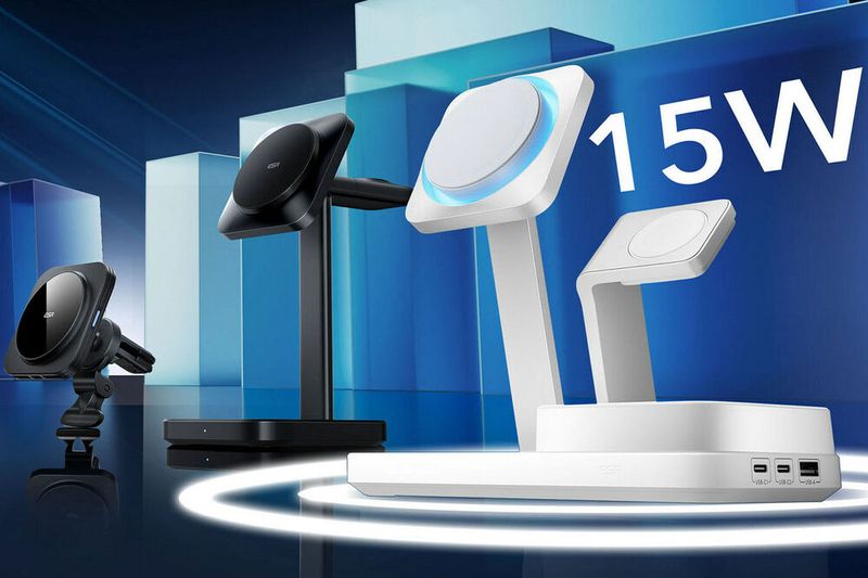 ESR zeigt seine neuen Qi2-Ladegeräte für Apple-Produkte. Laut dem Unternehmen kann mit einem Gerät sowohl ein iPhone als auch AirPods und Apple Watch geladen werden.  (Bild: ESR)