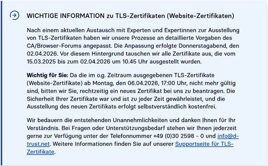 Warnhinweis auf der Webseite von D-Trust(Bild:  Vogel IT-Medien GmbH)
