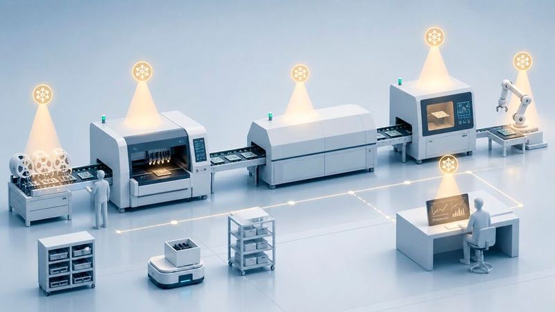 Stilisierte Produktionslinie mit markierten Einsatzpunkten für KI – etwa in Monitoring, virtuellen Sensoren und Prozessregelung (Symbolbild).(Bild:  Dall-E / KI-generiert)