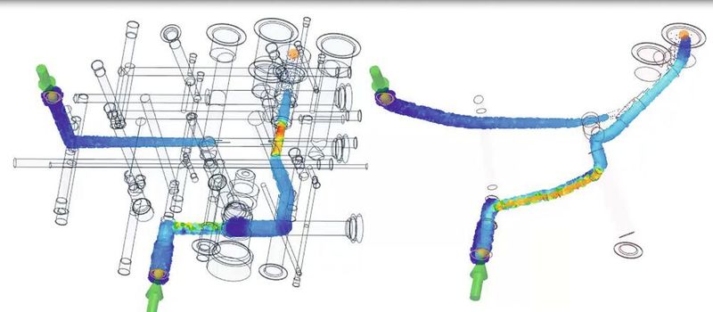 Der Strömungsvergleich zeigt, wie schnell im additiv gefertigten Block (rechts) der jeweils gewünschte Zustand erreicht wird.  (Smile-FEM)