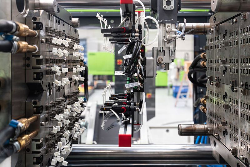 Was man hier sieht, ist eine Fakuma-Premiere: Der neue kompakte Roboter Viper 6, der im Rahmen des Steckerfertigungs-Exponats die Angüsse entnimmt. (Bild: Engel)