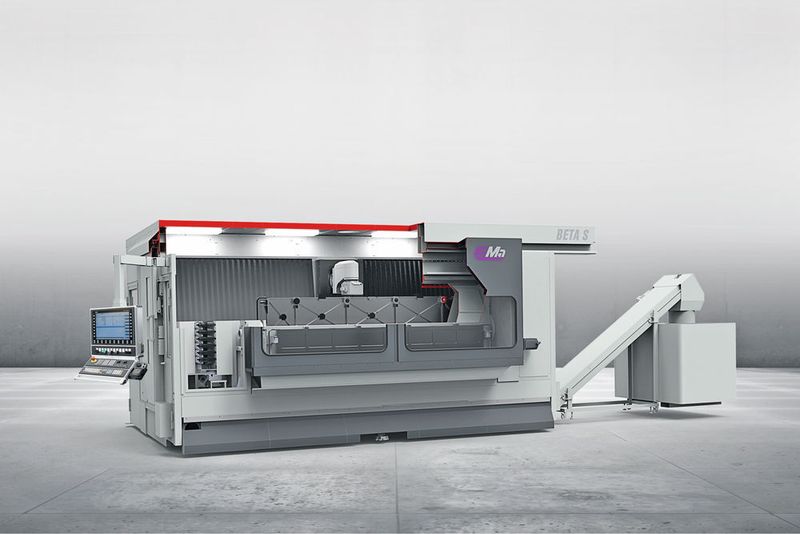 Die Eima Beta S ist das erste großserienfähige Bearbeitungszentrum für CFK-Bauteile und entstand in Kooperation mit BMW. Hauptzeitparalleles Rüsten der Vorrichtungen, Be- und Entladen von Werkzeugen und Werkstücken verkürzt die Taktzeit. Mehrere Teile können parallel bearbeitet werden. (Bild: Eima)