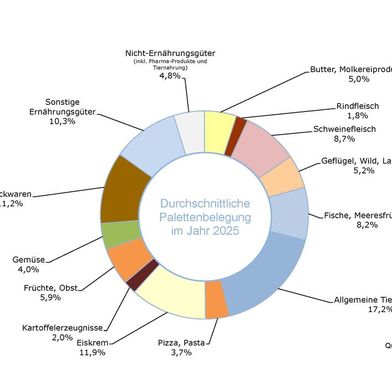 Die Grafik zeigt die durchschnittliche Palettenbelegung in deutschen Kühlhäuser nach Produktgruppen im Jahr 2025 in Prozent. (Bild: VDKL)